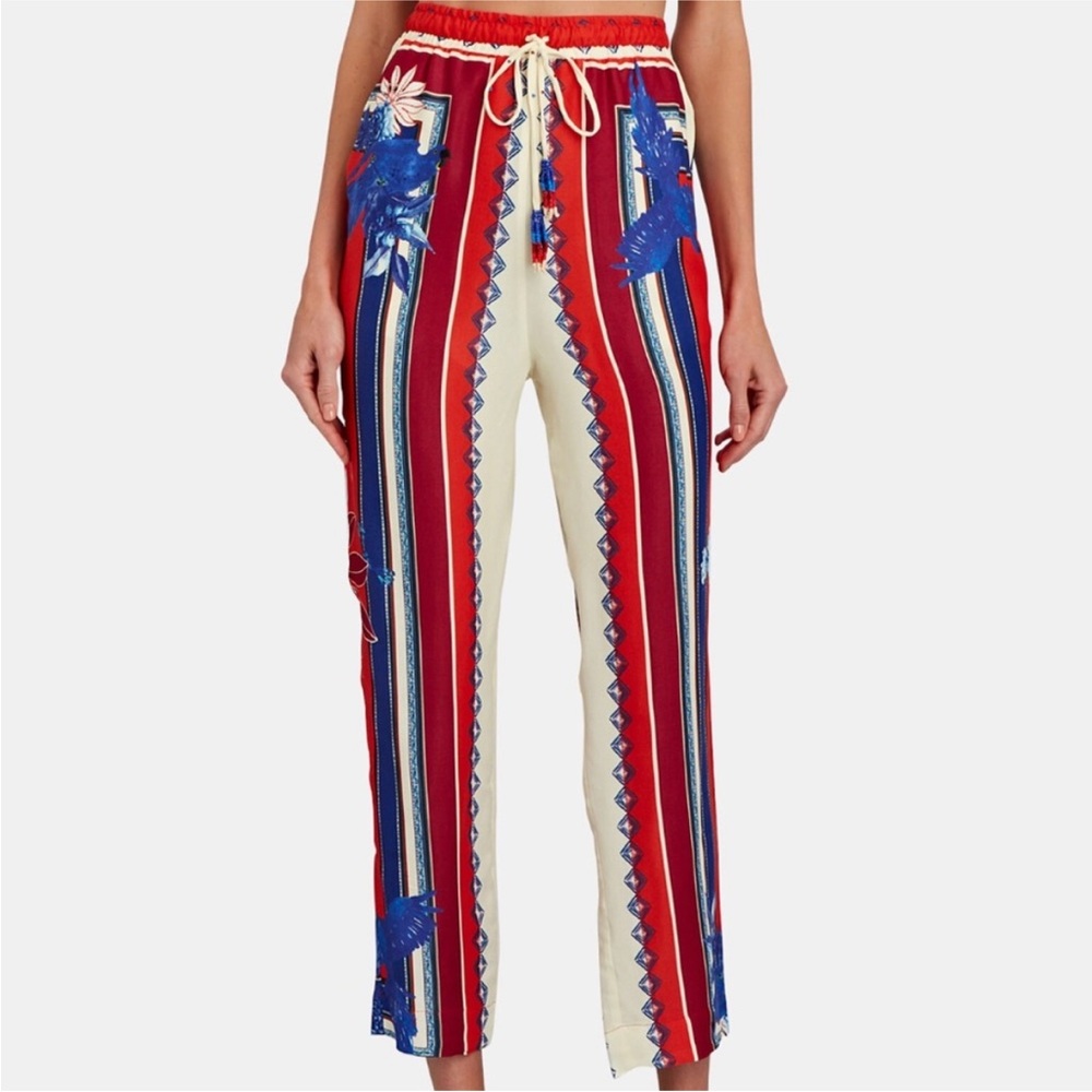 FARM Rio Red, Cream & Blue Striped Floral Drawstring Wide-Leg Pants